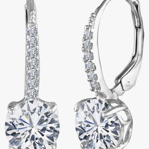 .925 Sterling Silver Leverback Earrings Cubic Zirconia Moissanite Faux Diamond - Picture 2 of 3